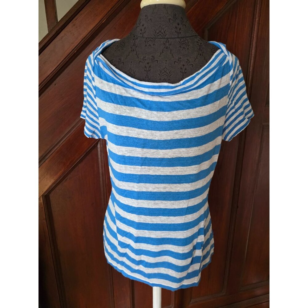 Lauren Ralph Lauren Blue/White Linen Striped Boatneck T-Shirt L Womens